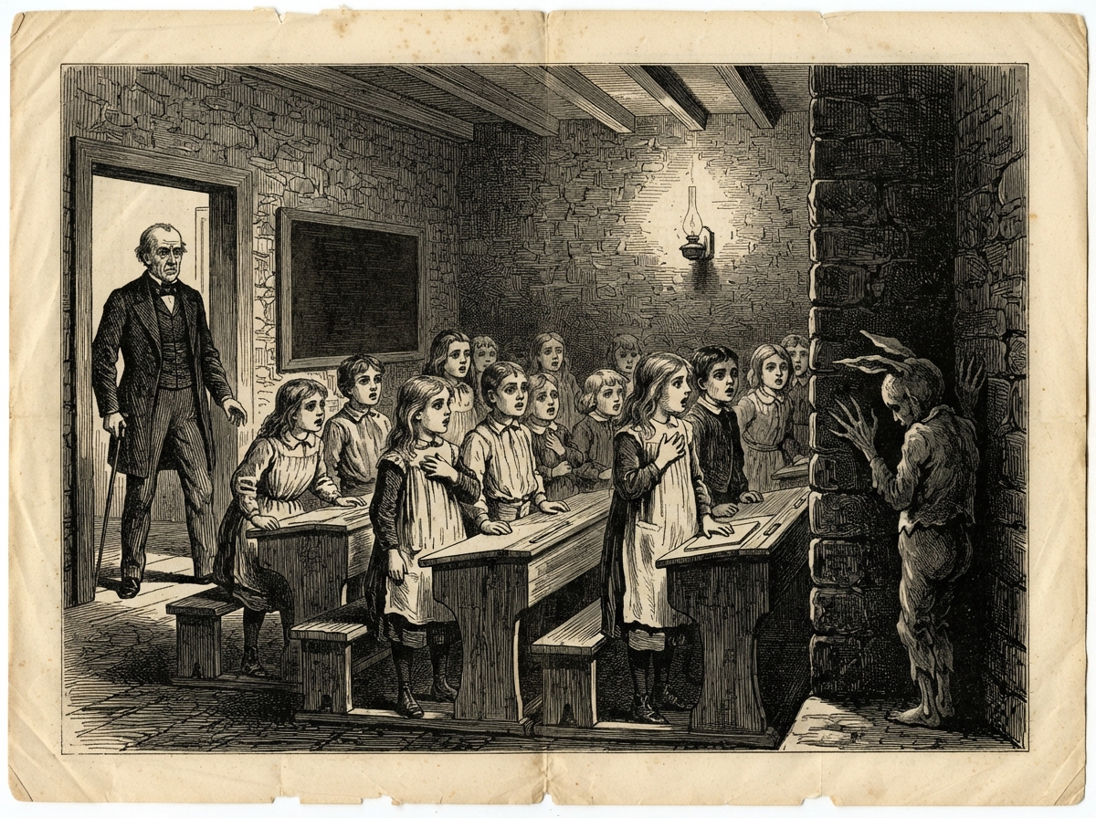 A flint-walled Victorian schoolroom lit by one guttering lamp, a schoolmaster standing rigid at the door while rows of pupils stand turned toward a bare corner. In the corner a crouched grey shape with a hare's ears has its face to the wall, one long-fingered hand just visible.