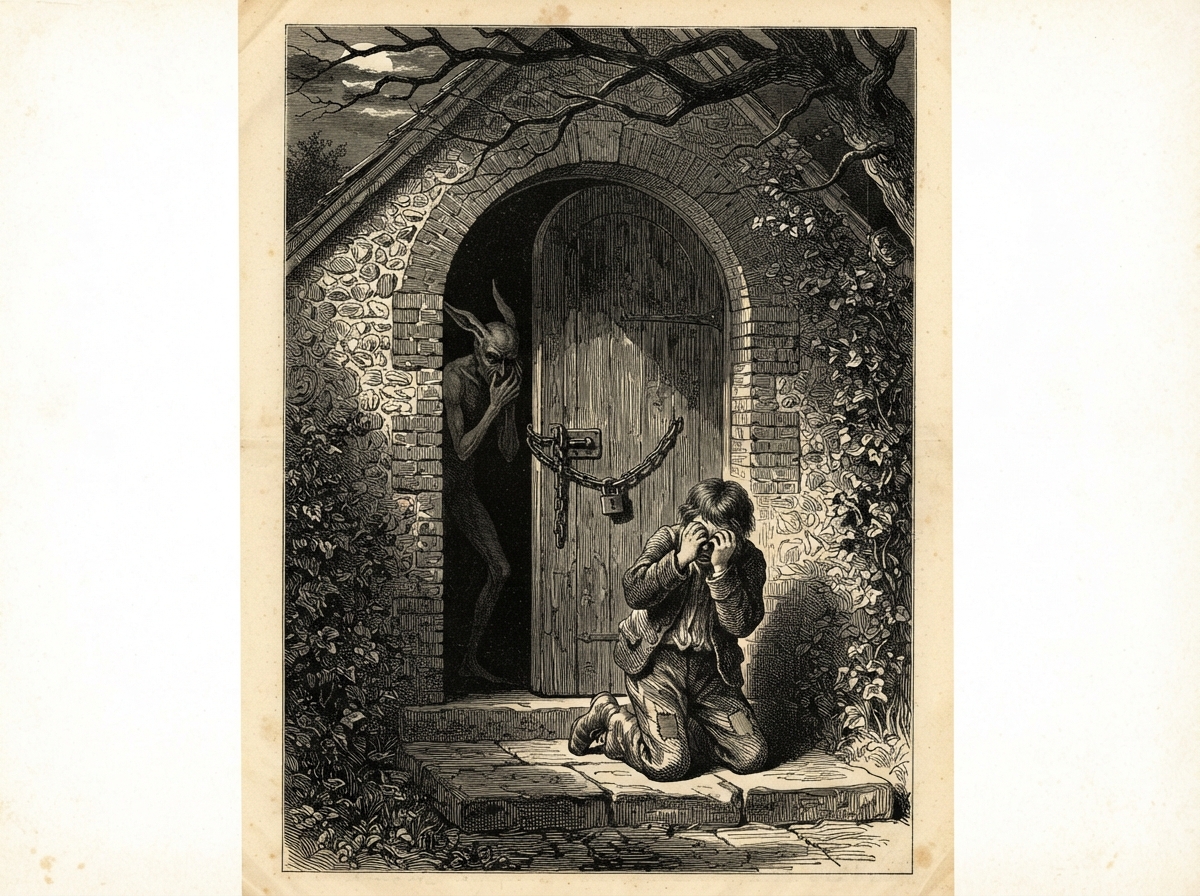 A moonlit flint doorway chained from the outside, and a boy kneeling in the entrance with both hands clamped over his eyes. Behind him in the black interior a tall grey figure, ears flat, slowly turns its face outward from a corner.