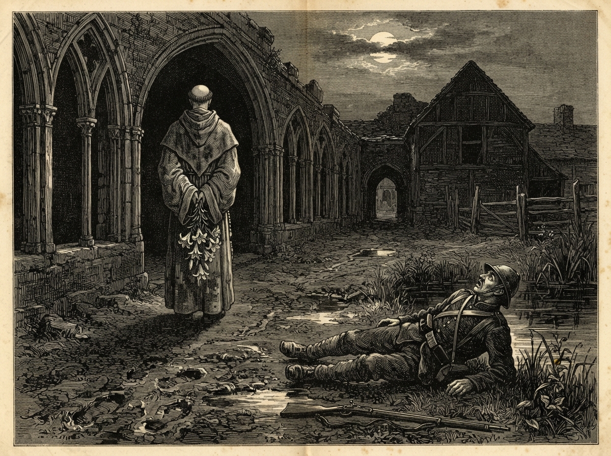 A muddy farmyard under a low moon, with a pond at its edge and a soldier in a steel cap lying at the water's brink, his face turned upward. At the far end of a ruined cloister arcade stands a tall grey-habited figure with its back to us, pale blooms hanging from its hands.