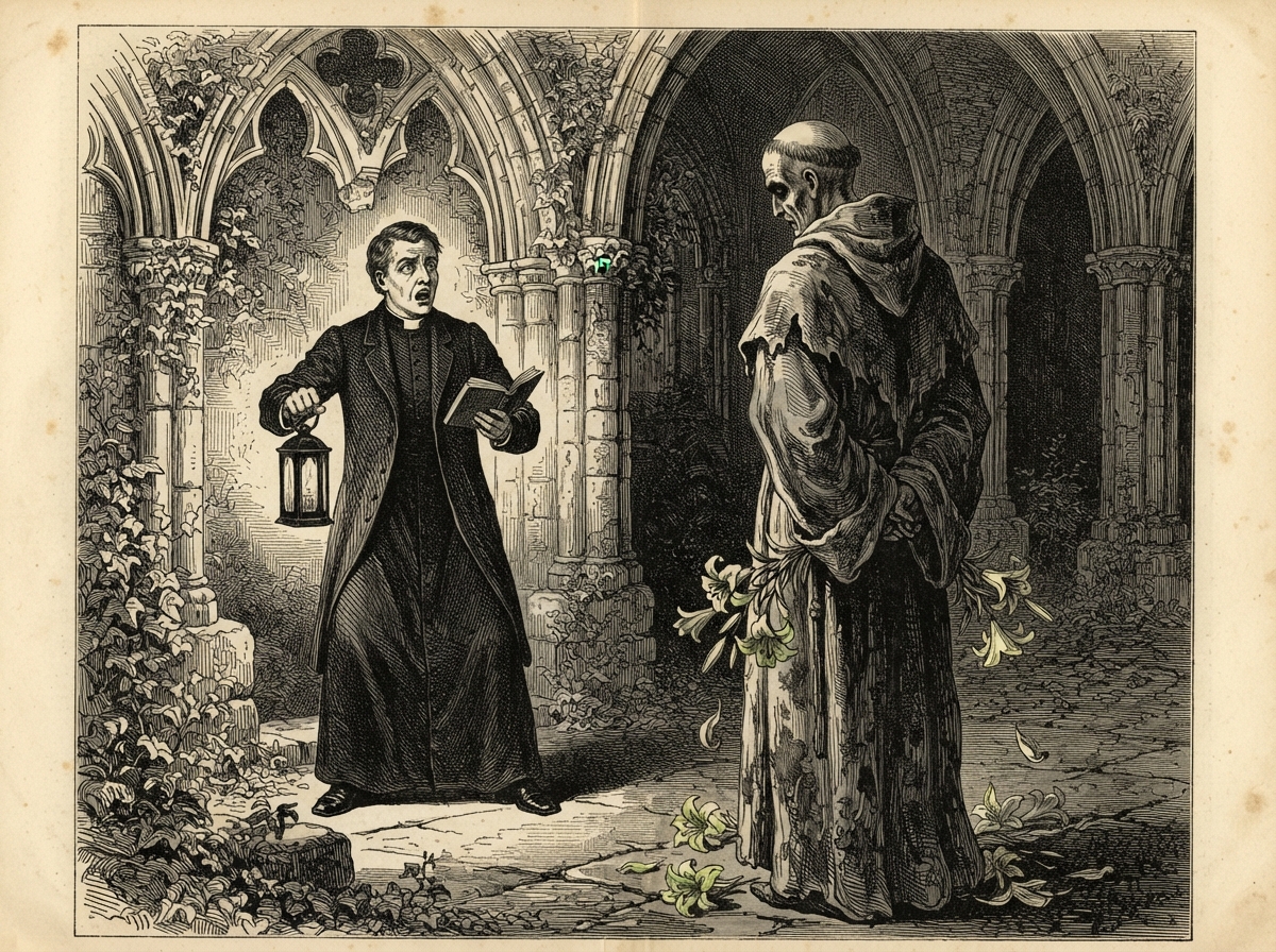 A young clergyman in black with a lantern and open book stands in a ruined chapter-ground among broken arches. Before him a grey lay-brother with a tonsured crown has begun to turn its head, one hollow cheek just visible, and lilies lie scattered about its feet.
