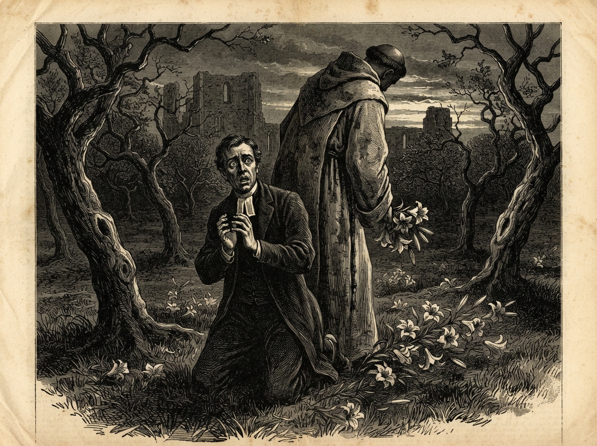 An orchard at dawn, with gnarled trees and a kneeling man in a curate's bands, eyes wide, hands folded about empty air. Behind him, tall and faceless in shadow, the grey figure leans over his shoulder and a drift of lilies blows across the grass.