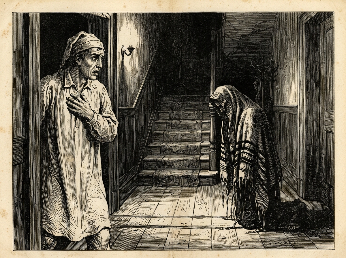 The same vestibule by night, the shawled figure kneeling at the foot of the steps with its bowed head almost touching the boards. A man in a nightshirt stares from the doorway, and the dust at his feet shows the long marks of heavy fringes.
