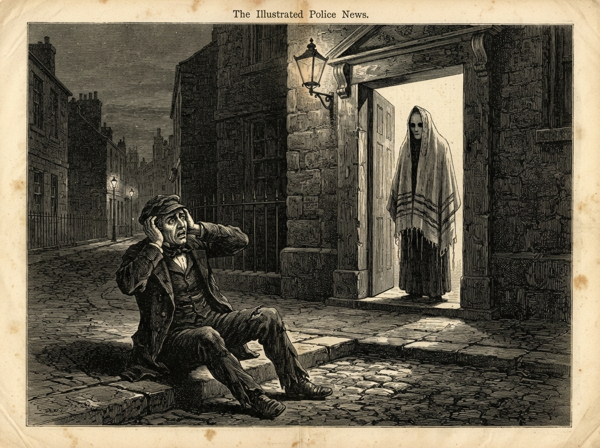 A dark street at night, a lone man seated on a kerb with his hands over his ears, staring at the open door of the hall. In the doorway a lit lamp reveals the shawled shape standing upright, its head turned just far enough to show the edge of a pale and unfinished face.