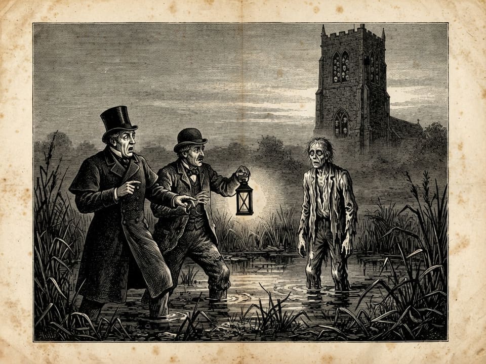 A bailiff and a coroner's man stand in dark river sedge at the edge of a marsh pool at dawn, staring at a drowned old man standing upright in the water with eyes wide. Behind them across the meadow the church tower rises, and in its shadowed windows many pale faint faces seem to press.