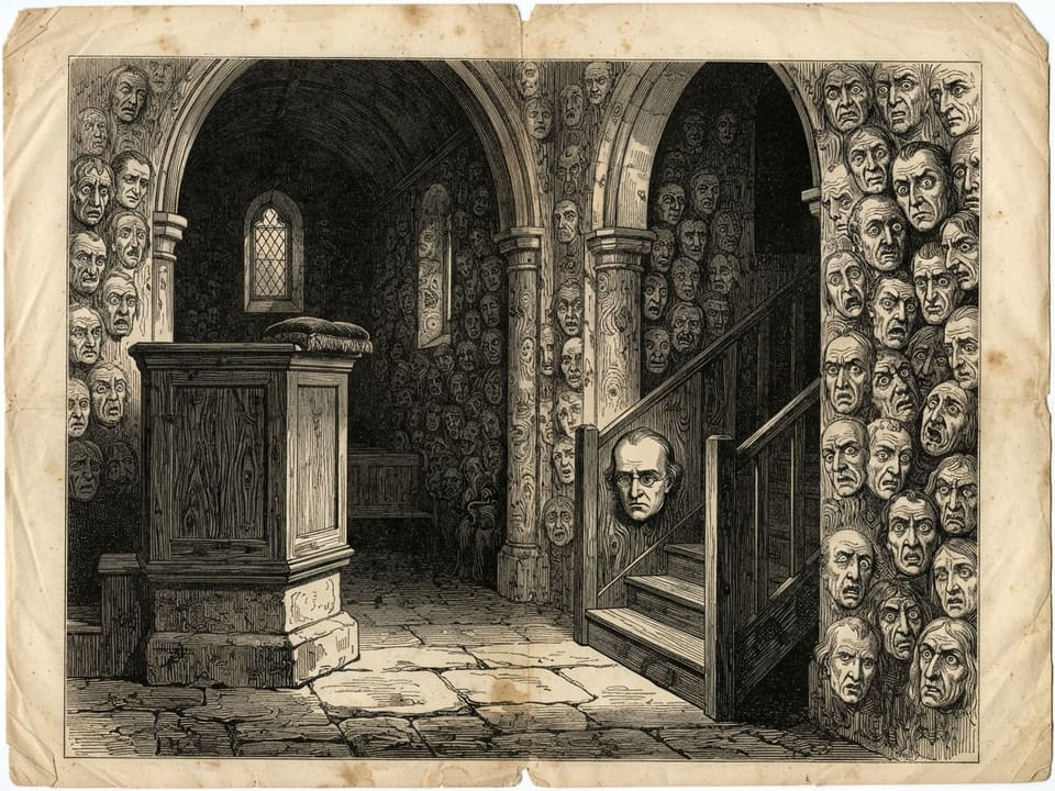 The empty pulpit of a small church, seen from the nave floor, with a sermon cushion set straight. On every wall, pillar and plastered patch hundreds of faces have risen from the stain and grain, their eyes all open and all turned toward the pulpit stair, where one face with the curate's brow gazes down.