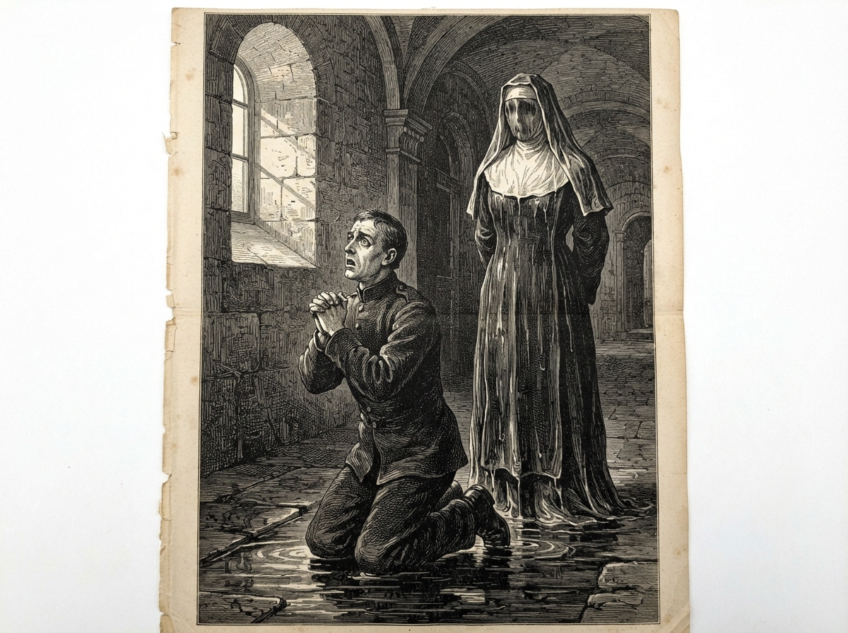An orderly kneels at dawn in shallow water with his hands joined and eyes wide and fixed, while pale light falls through a high window. Behind him, tall and faceless in profile, a wet-wimpled sister begins to turn her head toward the viewer.