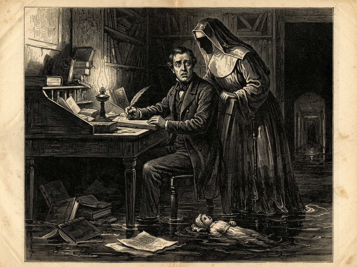 A small study at night, the floor flooded to the ankle and books floating against the lectern. A man sits rigid at a desk with a pen in his fist, and behind his chair a tall white-veiled figure leans close over his shoulder. Something small and pale turns in the water beside the chair legs.