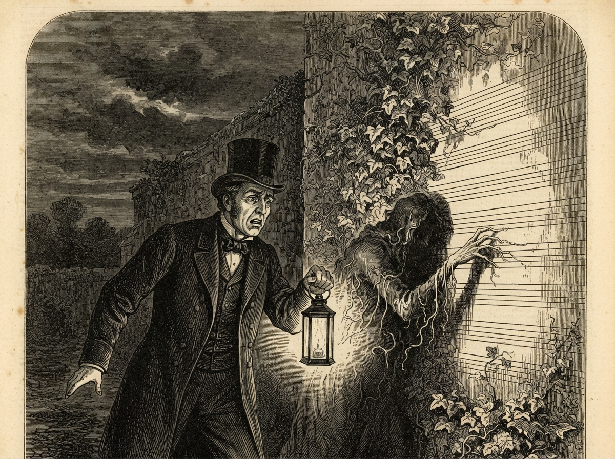 A frock-coated doctor stands with a lantern before a tall wall smothered in ivy, whose leaves have grown into straight ruled lines like the page of a ledger. At the margin, a stooped shape of damp and tendrils leans, its arm outstretched as if to write. The lantern light is thin and the sky is a dark wash of cloud.