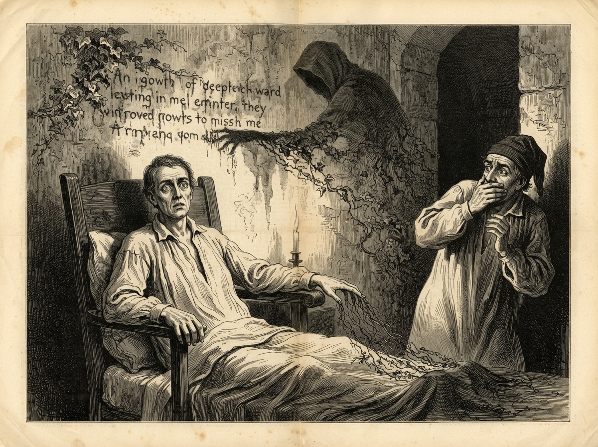 At the foot of the wall, a bed-ridden man sits upright in a chair with open eyes, his fingertips trailing fine green threads. Above him the ivy forms rows of lettering, and a dim hooded shape bends over them. A second man in a nightcap shrinks back with a hand over his mouth.