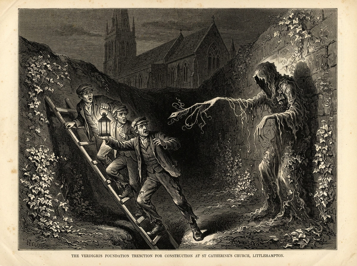 A deep foundation trench by night with workmen retreating up a ladder, their lanterns swinging. The trench walls are furred with pale ivy in neat lines, and from the dark end a long stooped figure of leaves extends one slender arm toward them.