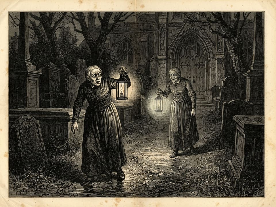 A stooped verger stands before a church's south door in lamplight, his lantern raised, his eyes wide and unblinking. Ahead of him a second identical stooped figure walks backwards toward the door, facing him, with a lantern burning cold white. Tombstones crowd the margins of the plate in heavy black hatching.