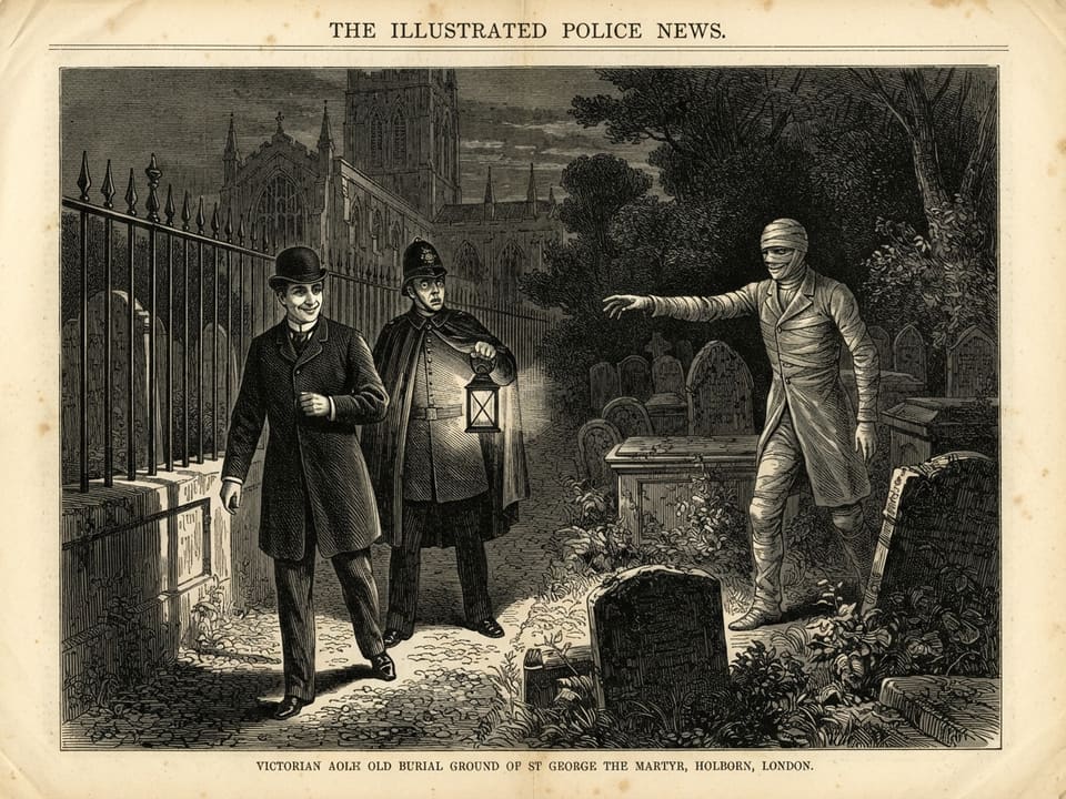 A physician in a bowler hat and a constable with a bull's-eye lantern stand among the tombs at night. The physician advances alone toward a bandaged double who beckons with a long arm, while the constable gazes in blank terror at empty air. The railings behind them throw bars of shadow across the doctor's face, which wears a faint, unfamiliar smile.