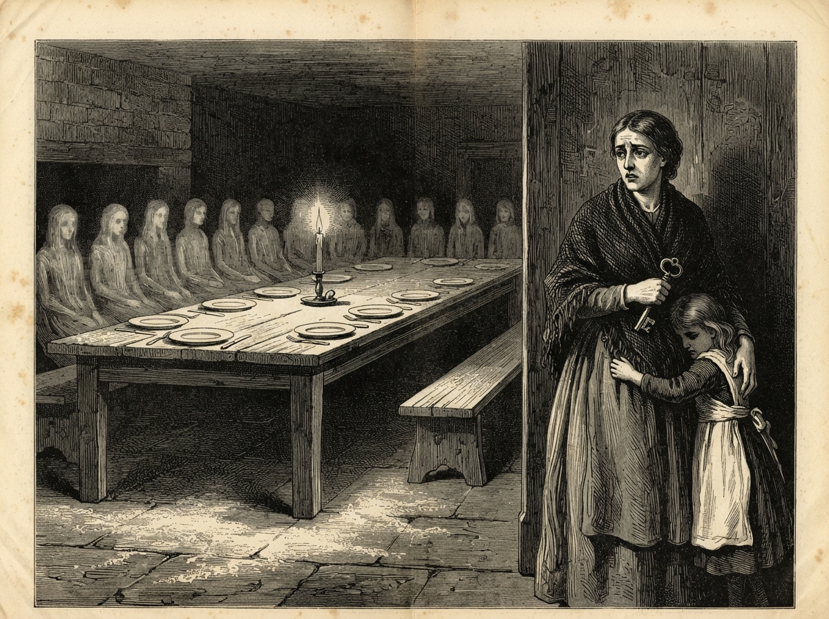 A bare stone kitchen under a single guttering candle, a long table laid with fourteen plates, a woman in a shawl standing in the doorway with a key in her hand and a girl clinging to her skirts. The flour on the flagged floor is unmarked, and in the dark beyond the table a row of pale, indistinct shapes seem to be seated.