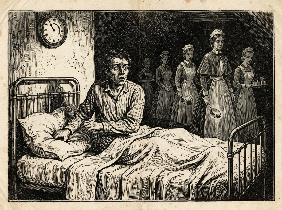 A narrow attic bedroom, a young man sitting rigid in bed with his hand pressed into a deep hollow in the sheet beside him. On the wall behind him a clock-face shows hands turned the wrong way, and the faintest outline of a second head rests upon the pillow.