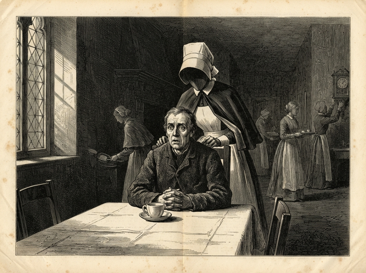 A kitchen at dawn, grey light falling across a man seated at the head of a laid table, his eyes wide open and his hands folded on the cloth before a full cup. Behind his chair, tall and faceless in a starched cap and cape, a woman bends close as if to tuck him in.