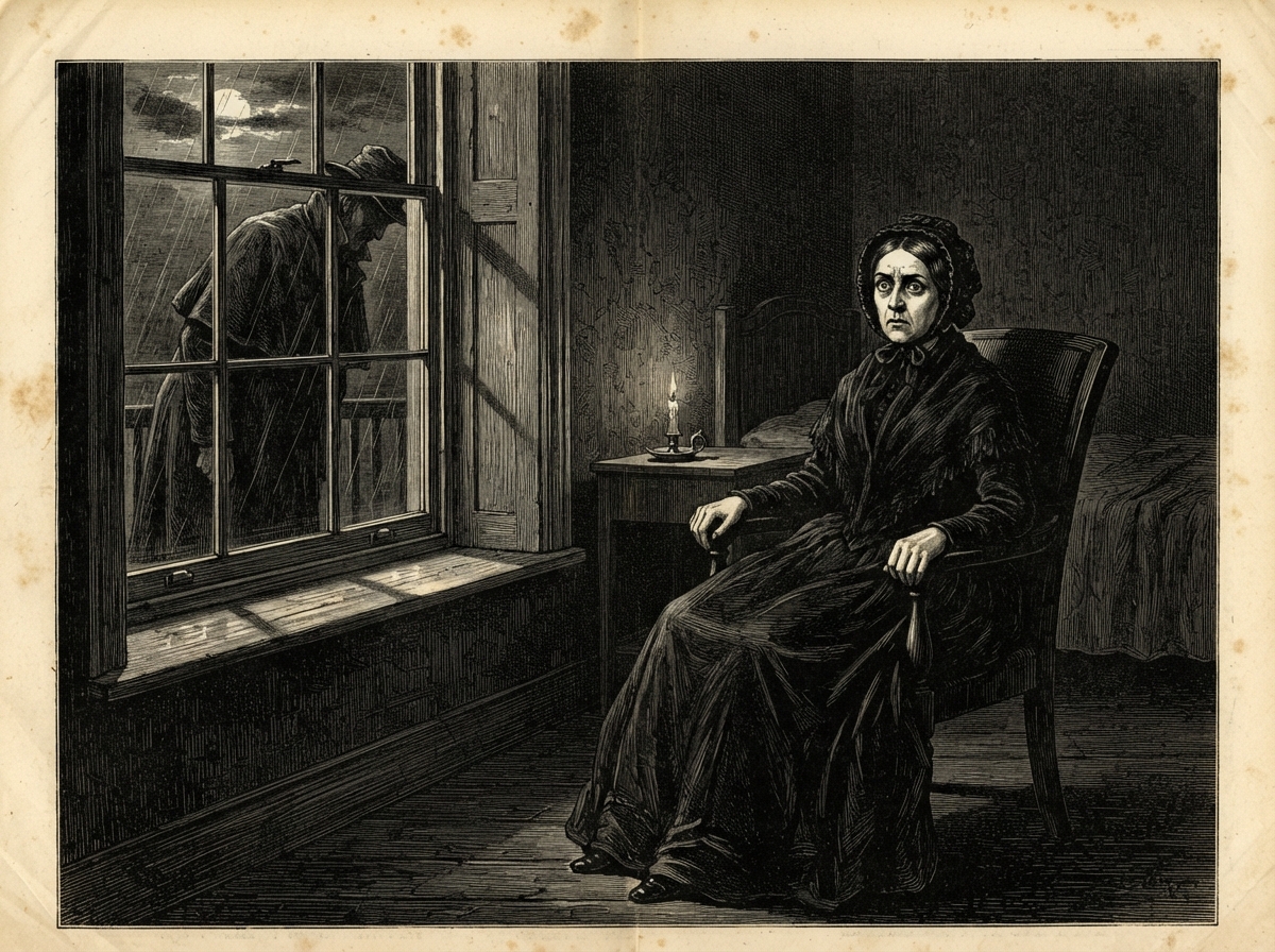 A widow sits rigid in a bedroom chair before an uncurtained window, eyes wide open and fixed. The dark pane reflects a drenched figure bent close over her shoulder, while the real room behind her is bare and still. Rain-light glimmers along the sill.