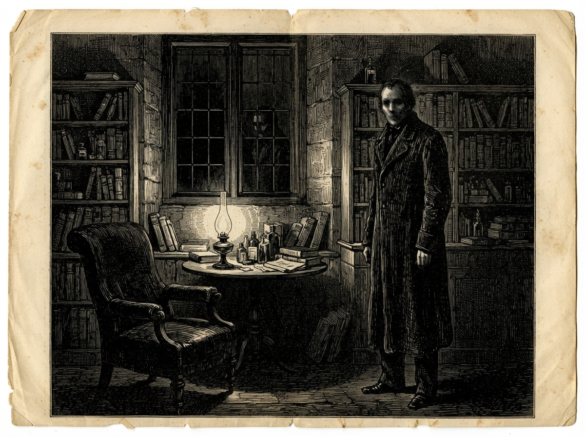 An empty chair beside a lit lamp in a book-lined surgery, the night window gaping above it. In the glass, a tall wet figure stands at arm's length from the vacant seat, its head at last turned toward the viewer, the face a pale blur of shadow.