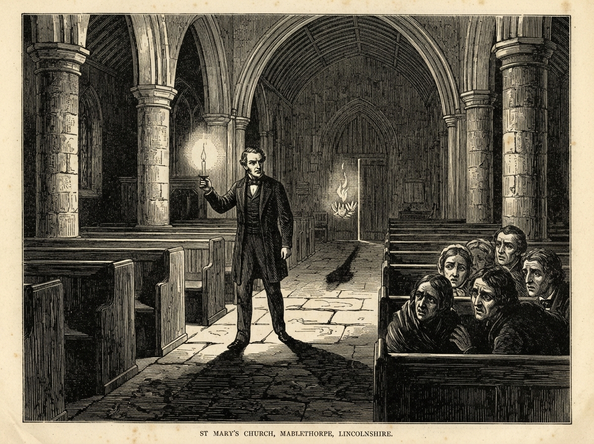A surgeon in frock-coat holds a taper aloft in the dim nave, smiling in contempt among the pews. Down the aisle behind him drifts a small cold flame, and every pew casts two shadows across the flagstones, one reaching toward the doorway.