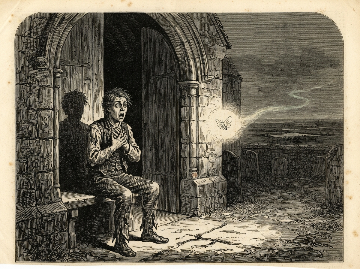 A young man sits upright in a church porch at dawn, his eyes wide open and his hands cupped before his chest as though holding a flame. Behind him the dark nave yawns, and a faint wisp of pale light floats away across the flat marsh toward the sea.