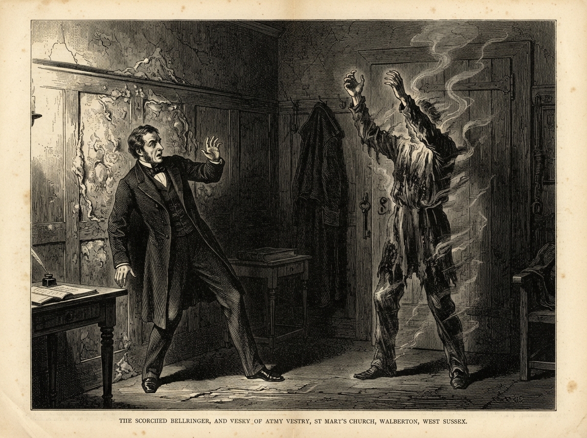 Inside the vestry, a doctor in a long coat recoils against a wall, his hand raised, while the plaster and panelling behind him bubble and curl. Near the tower door stands a tall wavering figure in a ringer's smock, its outline smeared by heat, its raised hands closing on empty air.