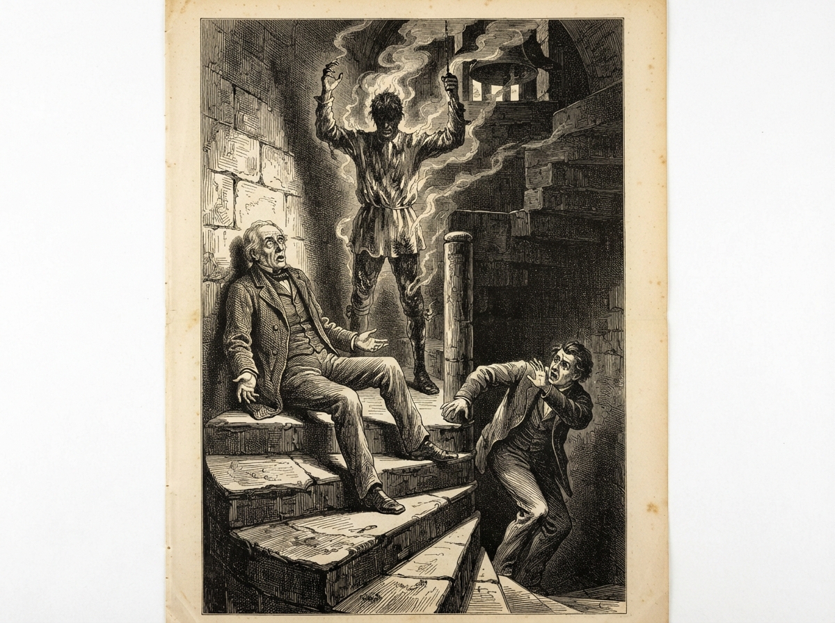 At the head of a narrow stone tower stair, an old man sits slumped with his eyes wide open and his palms turned upward. Behind him a vast dark figure with raised hands stands in a dull red glow, while a second man below on the stair shields his face and looks up.