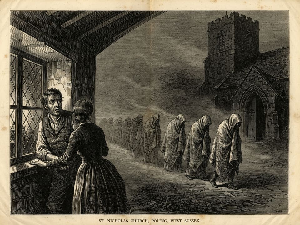 A line of stooped grey figures draped in heavy fleeces walks out of the fog toward a church door, their heads bowed and faces hidden. A carter at a lit window stares out, his wife standing rigid beside him with her back to the room. The foremost figure has turned its covered head toward the glass.