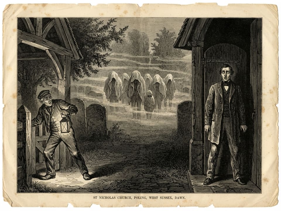 A gentleman in a Victorian coat stands upright against a church porch at dawn, eyes wide open, his clothes hanging sodden. Behind him thin fog still coils among the gravestones, and in it stand a row of fleece-hooded shapes, one very small. A sexton with a lantern recoils at the lychgate.