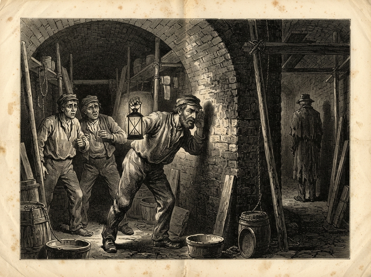 A dim brick passage under the pit, scaffold poles and lime tubs along the wall, labourers in smocks leaning with lamps. One man presses his ear to a patch of bare brickwork, while the others watch with fixed, uneasy faces.