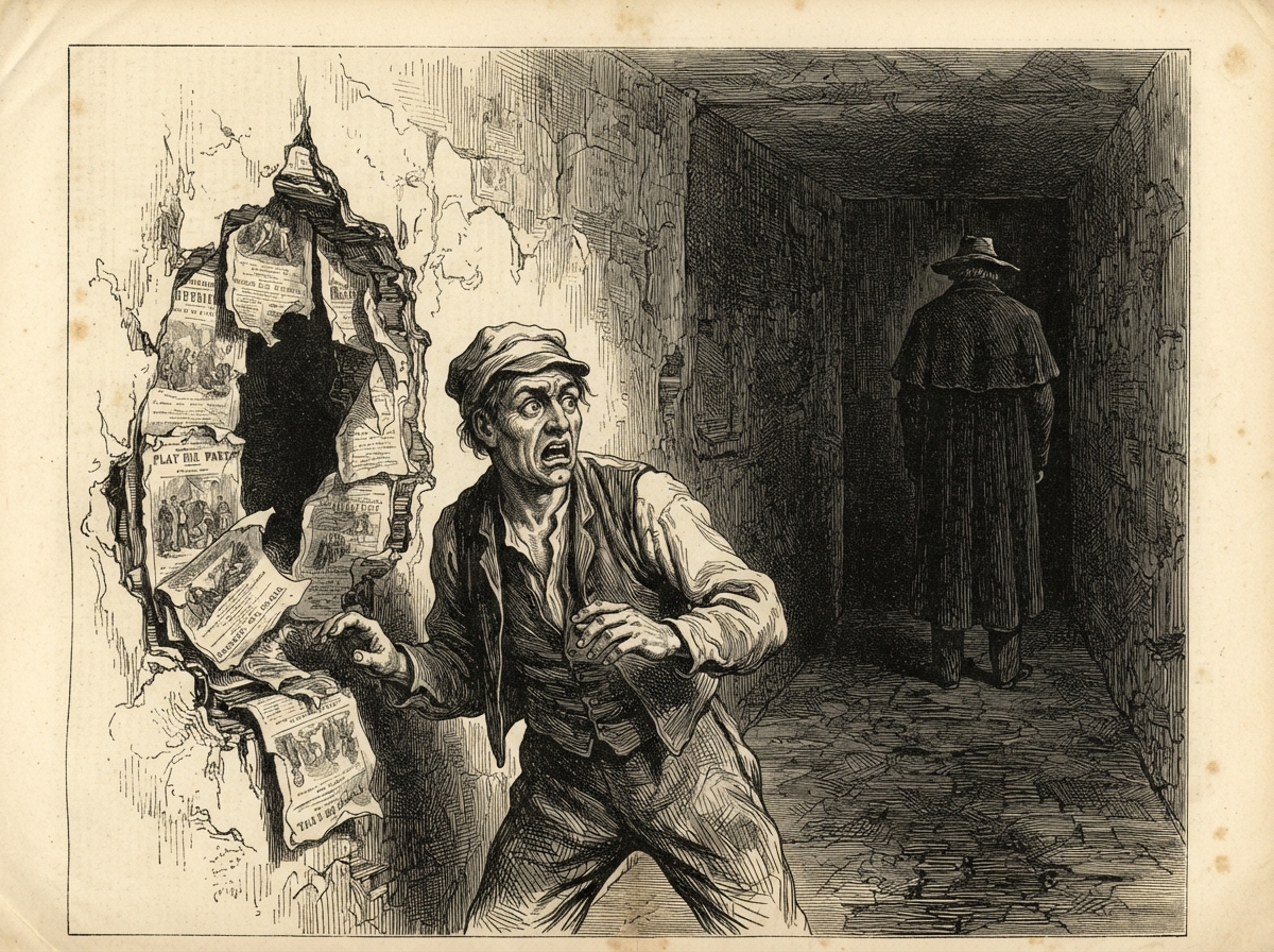 A narrow hollow opened in the wall, lined with layered torn playbills, and a labourer staring into it with slack horror. Behind him the passage lengthens in shadow, and a tall indistinct coated shape stands turned away at its far end.