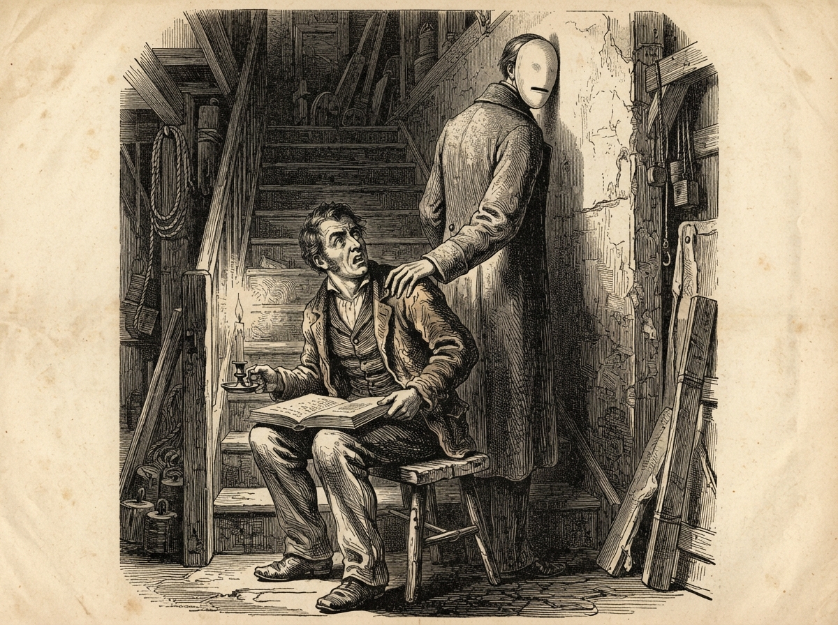 A master builder seated at the foot of a stair with a single guttering candle and an open ledger on his knee. Above him a pale wall bears a smooth face-shaped patch with a slit for a mouth, leaning outward from the plaster, one long hand at his shoulder.
