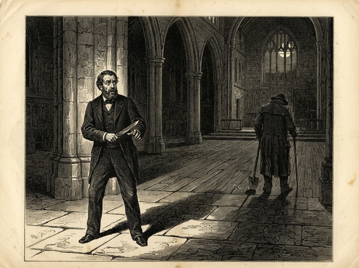A bearded sidesman stands alone in a dim empty nave under hanging lamps, holding a trimming-knife. His hands are held out before him, and long shadows of the pillars fall across the flags. At the far wall a stooped figure in a long coat, turned away, leans on a spade.