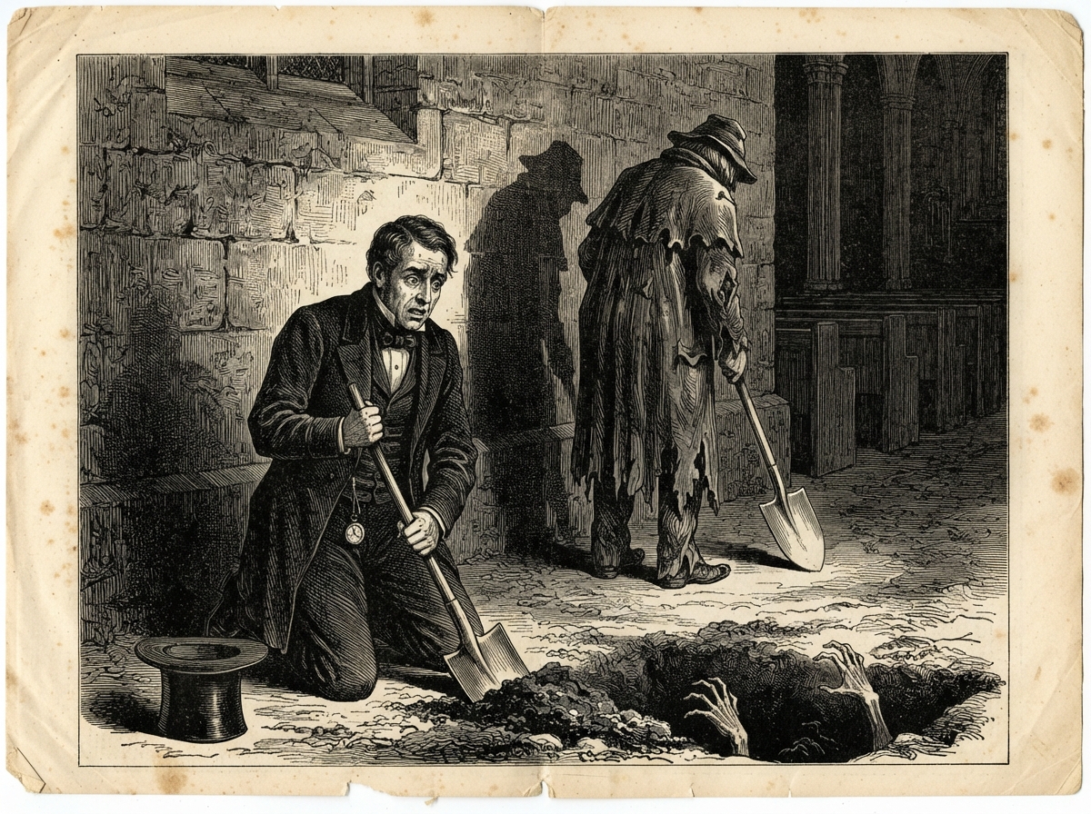 A physician in frock coat kneels by a church wall, a spade clasped in his hands and a stopped watch dangling from his waistcoat. Before him lies a rectangle of loosened earth, and from its dark edge pale fingers curl upward. Behind him, a coated figure stands within his own shadow.