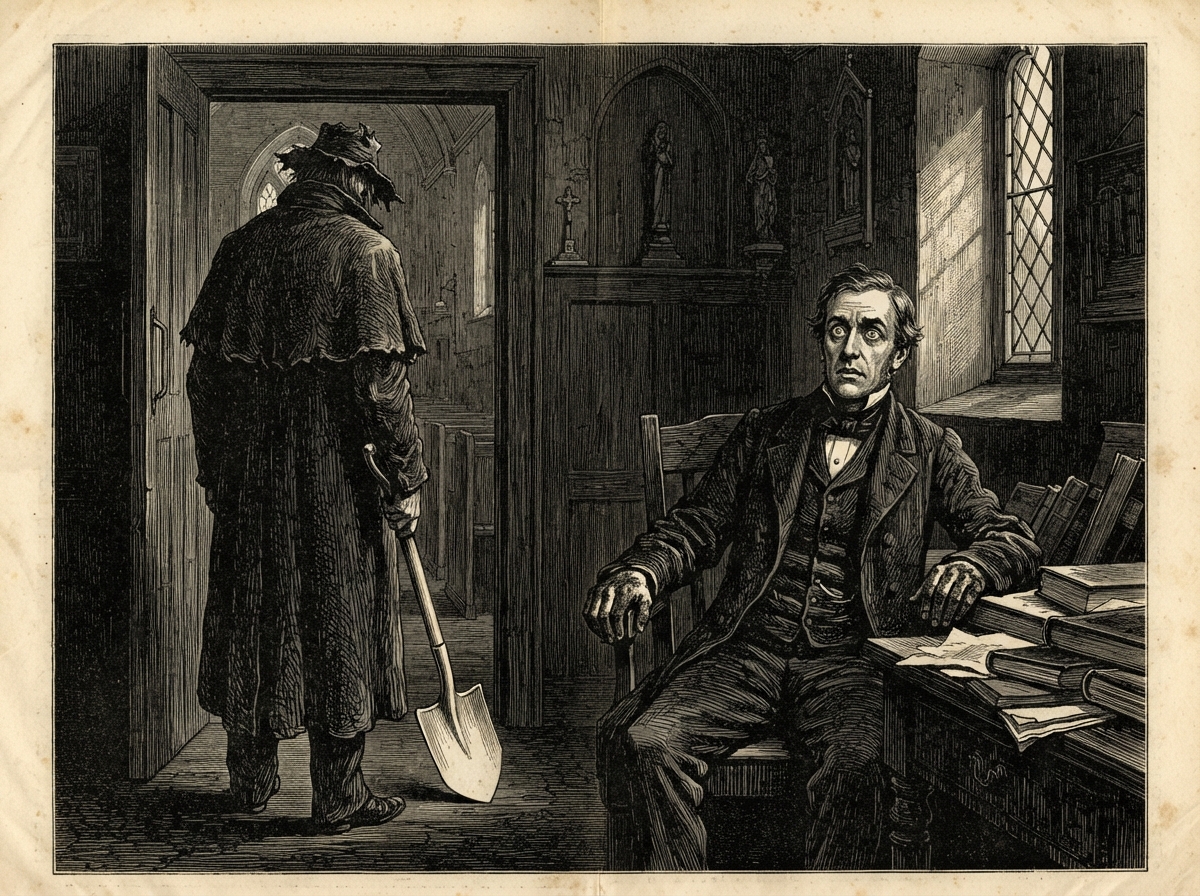 A small vestry with a narrow window and grey dawn light. A grey-faced physician sits bolt upright in a chair, eyes wide open, his sleeves and hands black with earth. In the doorway, a tall coated figure with no face turned toward the viewer stands holding a clean spade.
