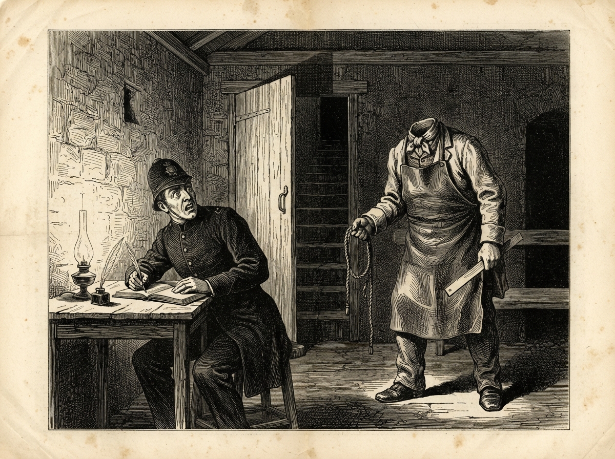 A bare flint chapel by lamplight, a frock-coated officer seated at a small table with his diary. Behind him in the north wall a low pale door stands ajar upon a stair, and beside it a headless figure in a leather apron holds a long knotted cord.