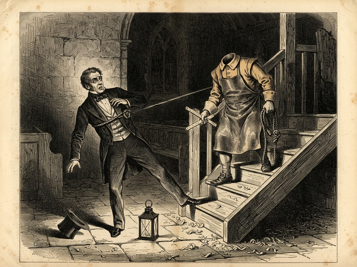 A physician in evening dress stands with one foot upon the lowest tread of a raw, new-sawn stair, a cord drawn tight about his chest by no visible hand. Wood-shavings curl across the flagstones and a lantern burns on the floor.