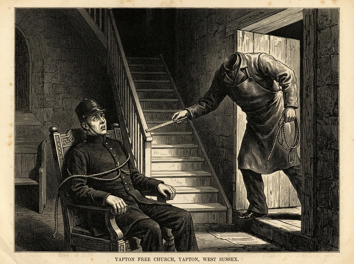 The officer sits rigid in his chair, eyes open, a cord looped about him, while the headless Joiner leans from the open door above with the rule held out. The stair behind him is crowded with pale new treads climbing into blackness.